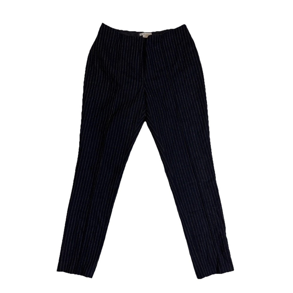 H&M Wool Blend Navy Blue White Pinstripe Flat Front Straight Leg Pants Slacks 6